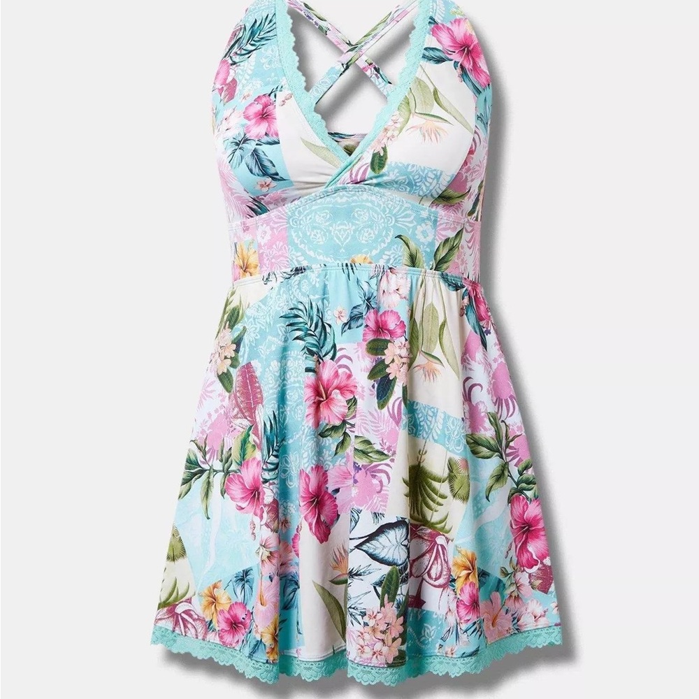 Torrid Tropical lace trimmed wireless swim dress with brief 2X